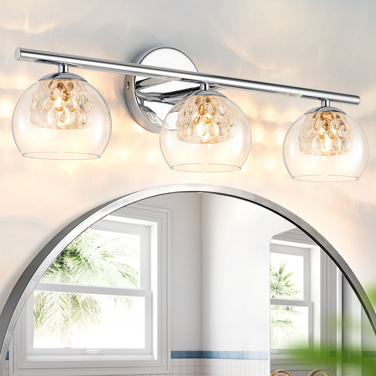 3-Light Chrome Crystal Vanity Light – Modern Bathroom Fixture with Inner Crystal Shade