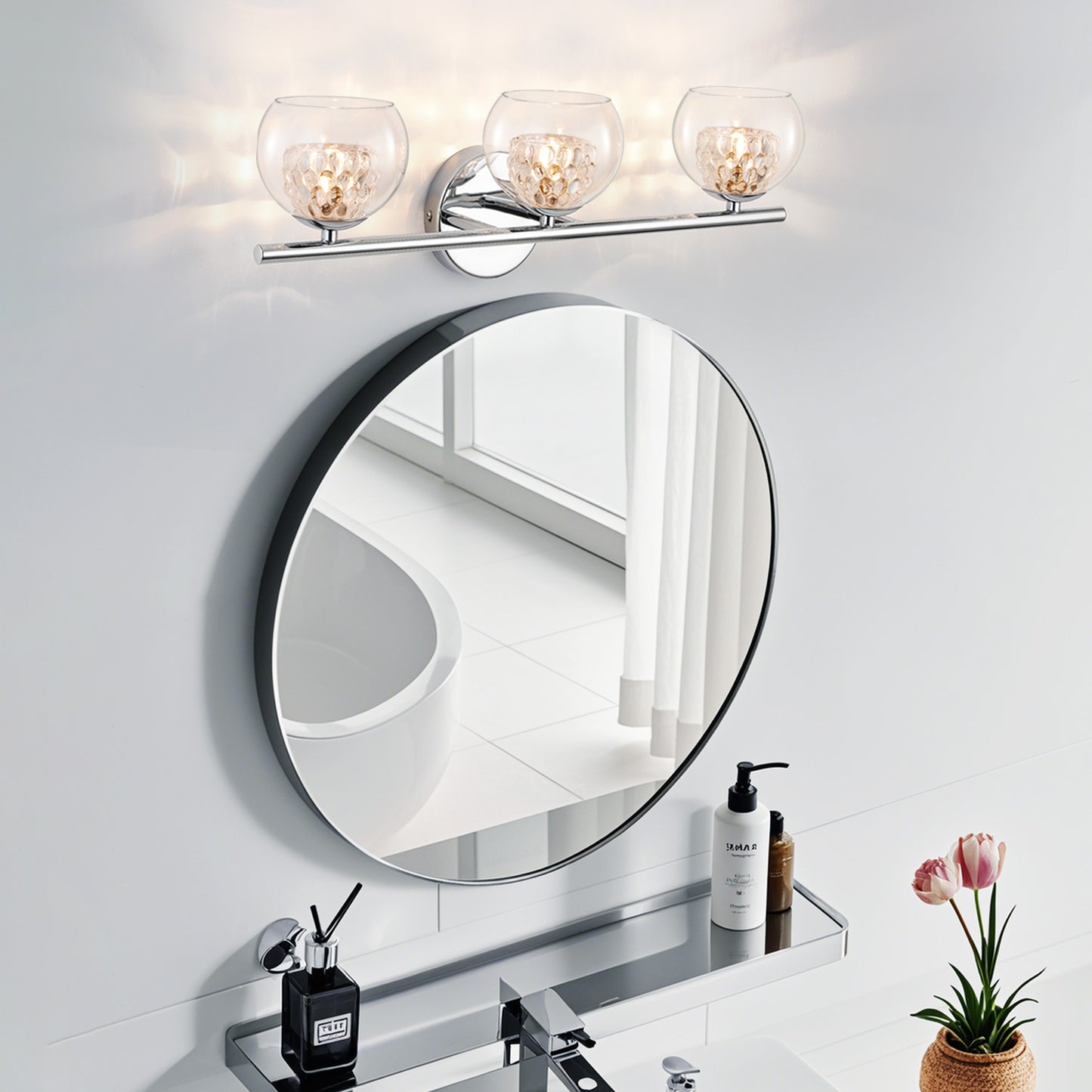 3-Light Chrome Crystal Vanity Light – Modern Bathroom Fixture with Inner Crystal Shade