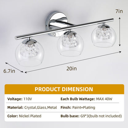 3-Light Chrome Crystal Vanity Light – Modern Bathroom Fixture with Inner Crystal Shade