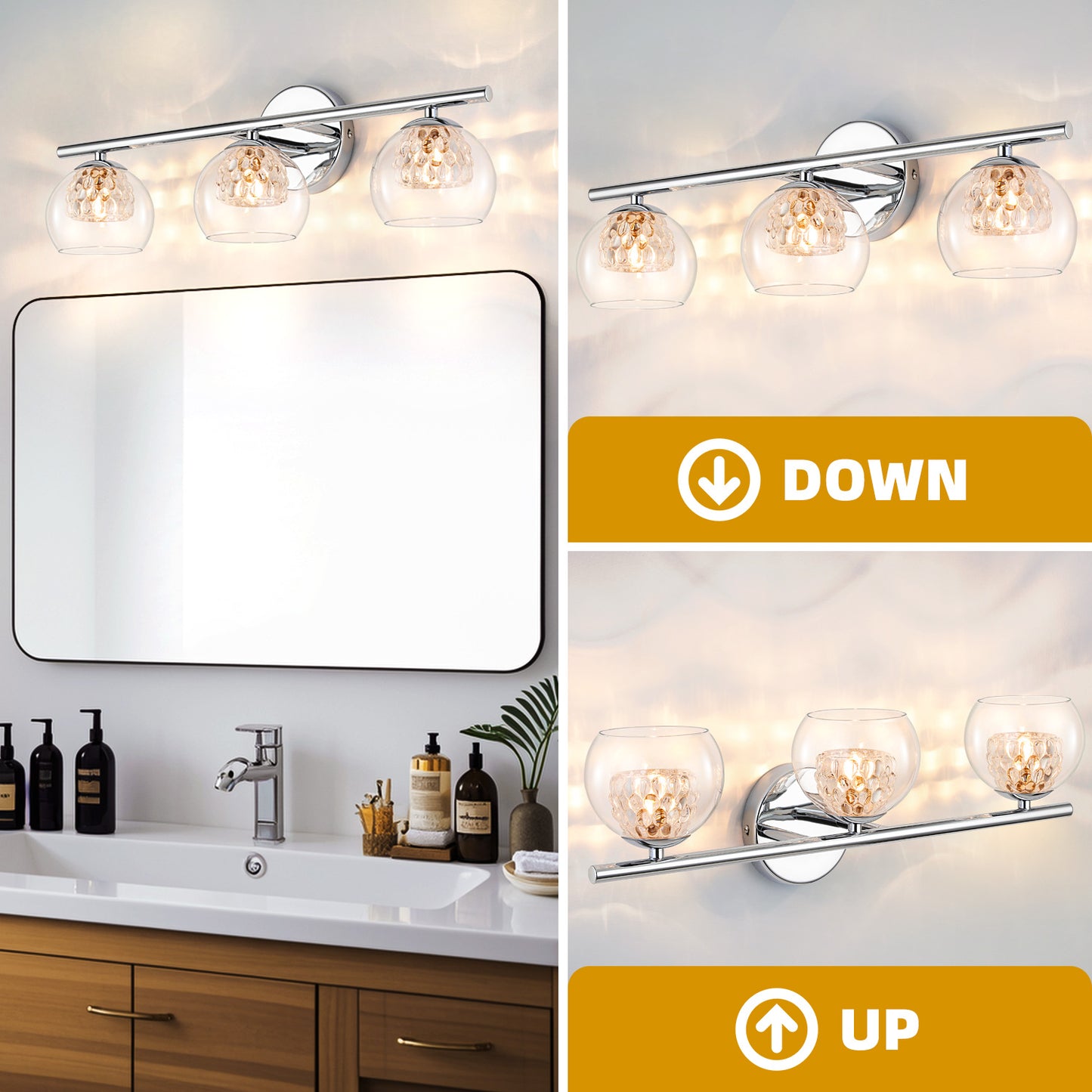 3-Light Chrome Crystal Vanity Light – Modern Bathroom Fixture with Inner Crystal Shade