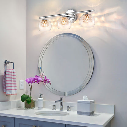 3-Light Chrome Crystal Vanity Light – Modern Bathroom Fixture with Inner Crystal Shade