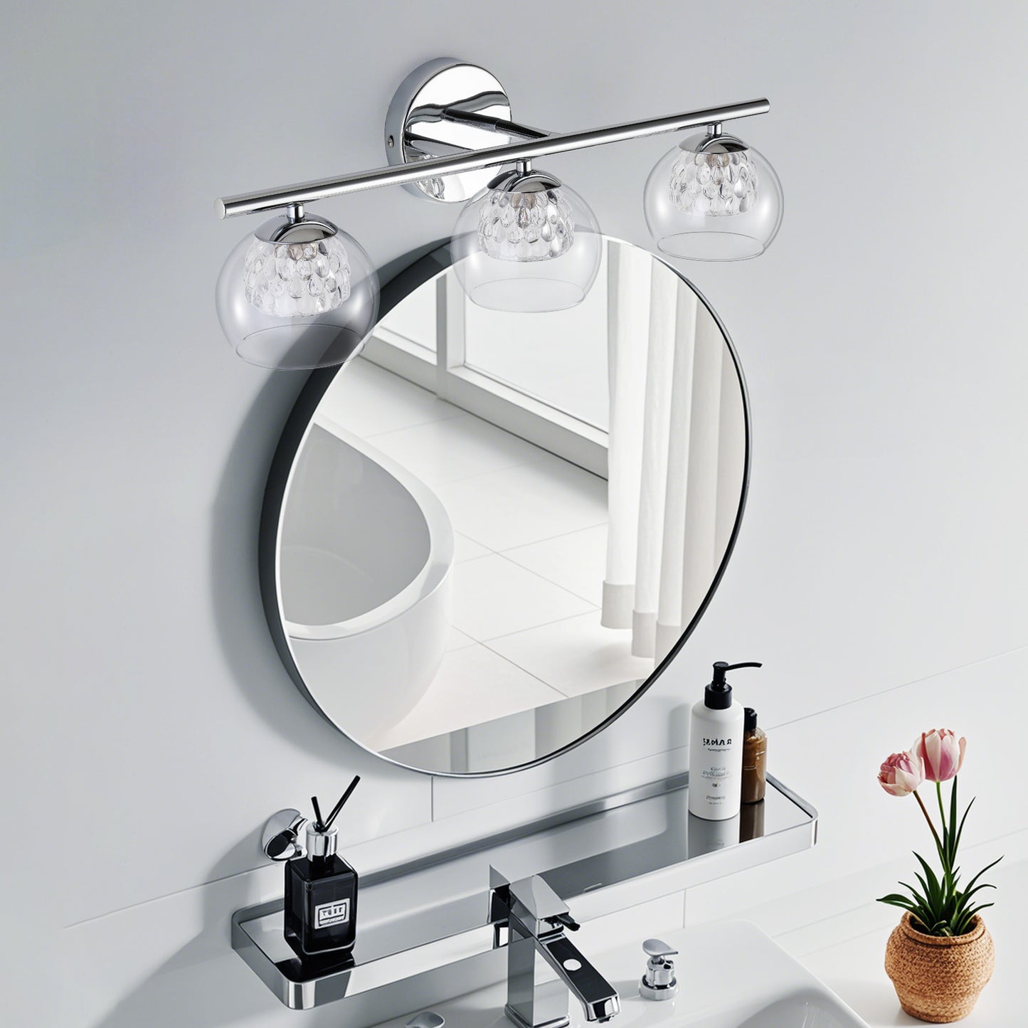 3-Light Chrome Crystal Vanity Light – Modern Bathroom Fixture with Inner Crystal Shade