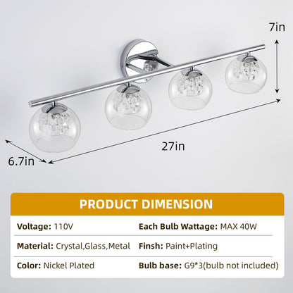 4-Light Chrome Crystal Vanity Light – Modern Bathroom Fixture with Inner Crystal Shade