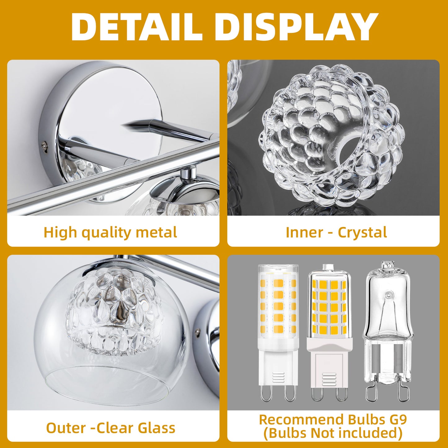4-Light Chrome Crystal Vanity Light – Modern Bathroom Fixture with Inner Crystal Shade