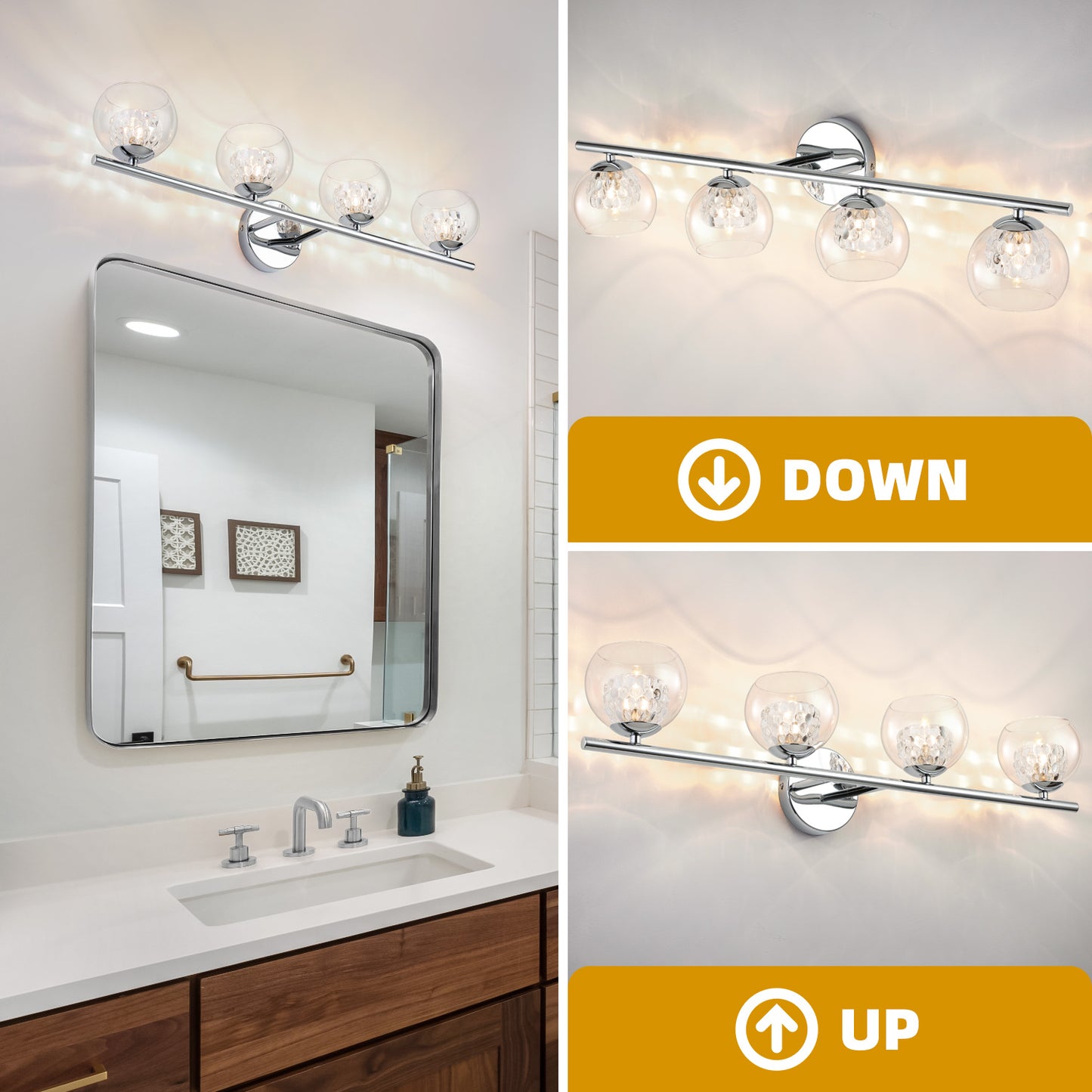 4-Light Chrome Crystal Vanity Light – Modern Bathroom Fixture with Inner Crystal Shade