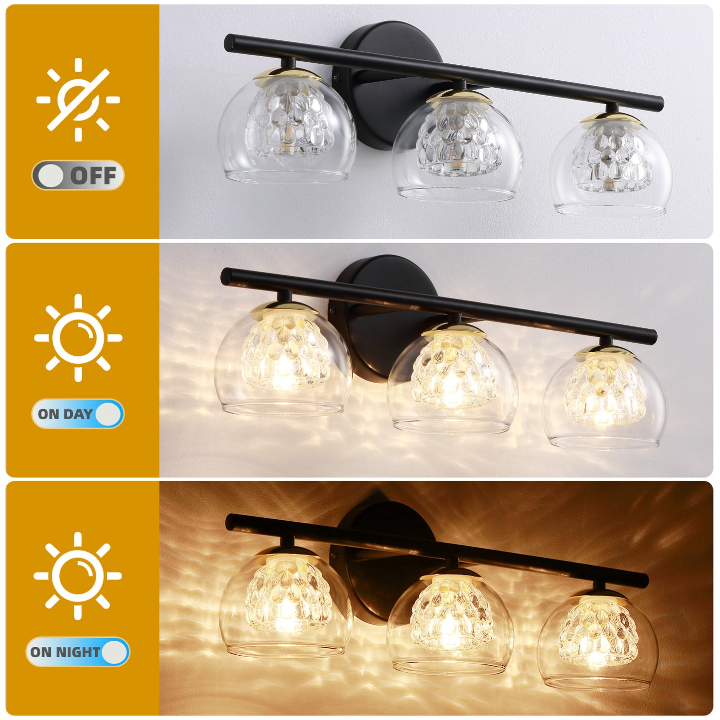 3-Light Black Crystal Vanity Light – Modern Bathroom Fixture with Inner Crystal Shade