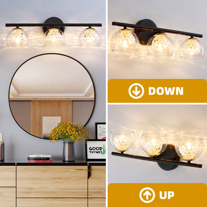 3-Light Black Crystal Vanity Light – Modern Bathroom Fixture with Inner Crystal Shade