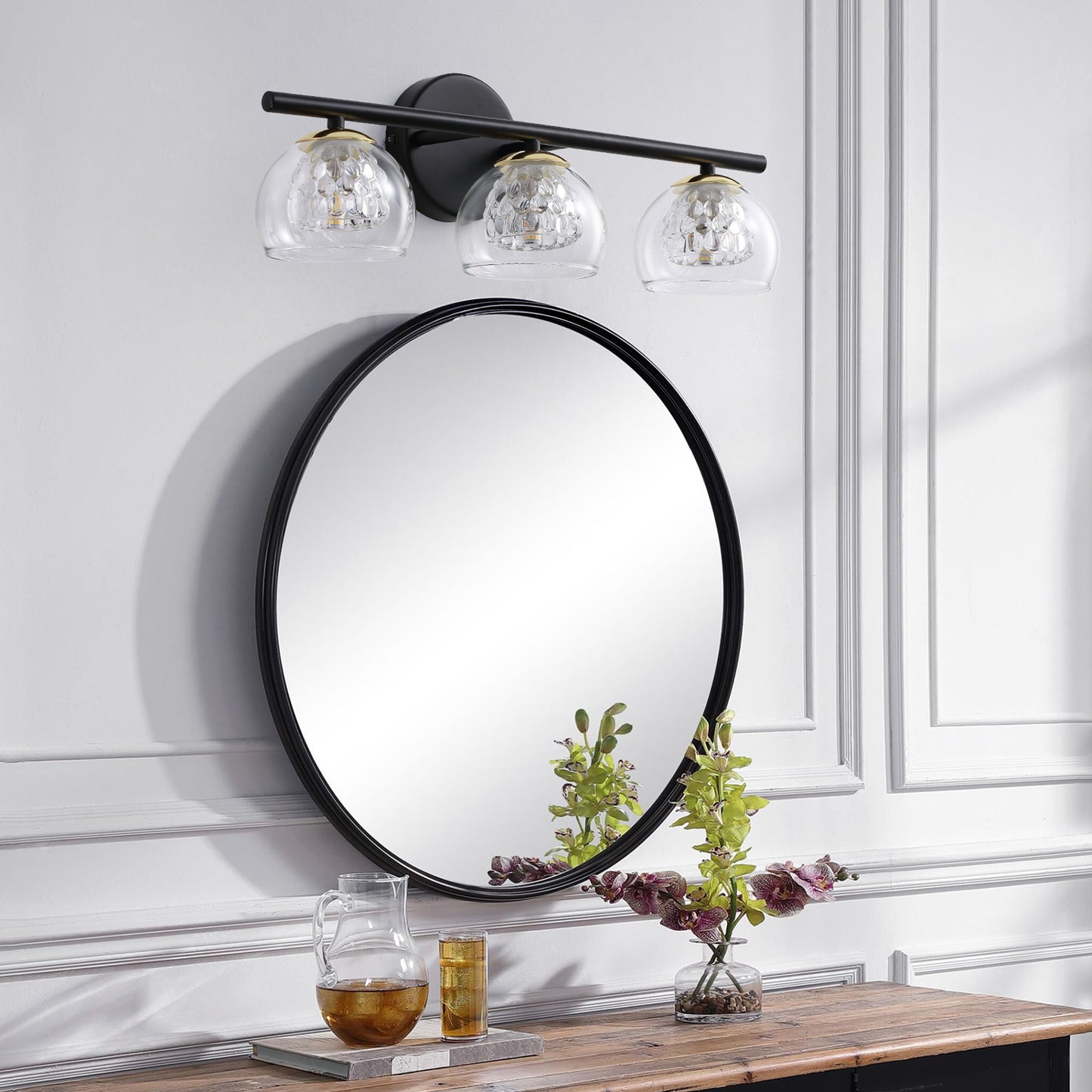 3-Light Black Crystal Vanity Light – Modern Bathroom Fixture with Inner Crystal Shade