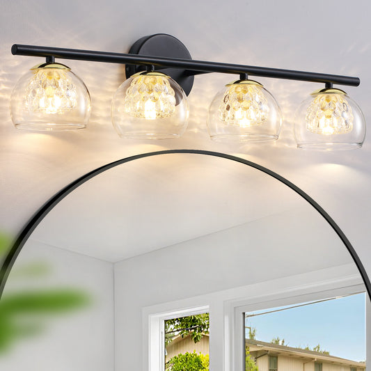 4-Light Black Crystal Vanity Light – Modern Bathroom Fixture with Inner Crystal Shade
