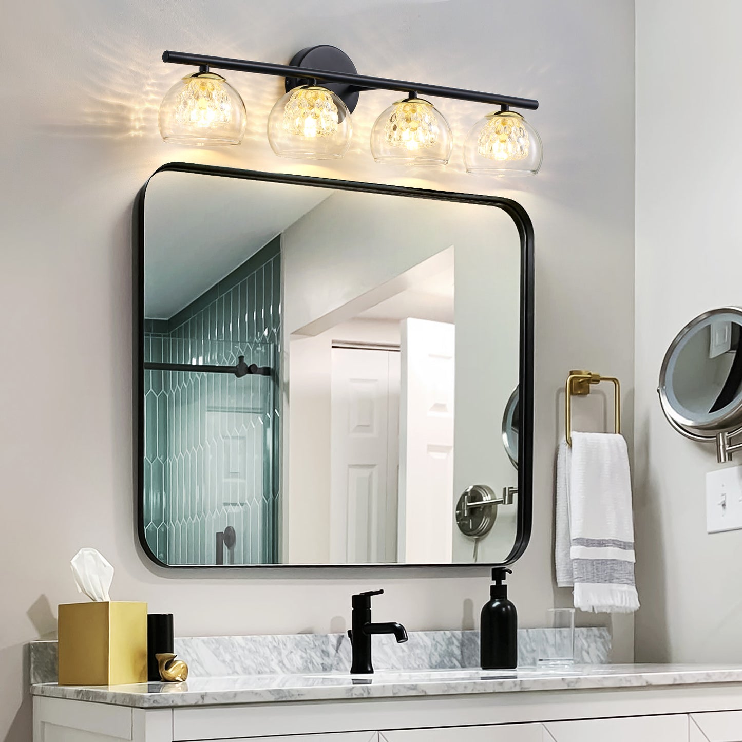 4-Light Black Crystal Vanity Light – Modern Bathroom Fixture with Inner Crystal Shade