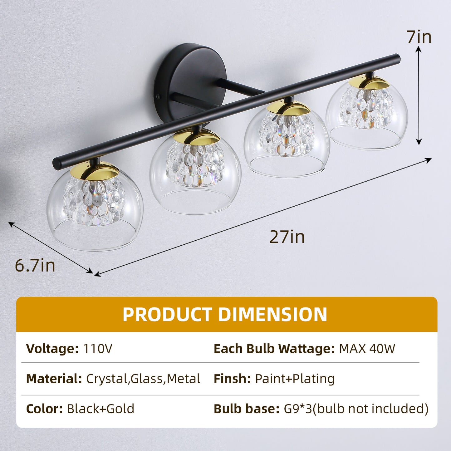 4-Light Black Crystal Vanity Light – Modern Bathroom Fixture with Inner Crystal Shade