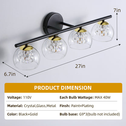 4-Light Black Crystal Vanity Light – Modern Bathroom Fixture with Inner Crystal Shade
