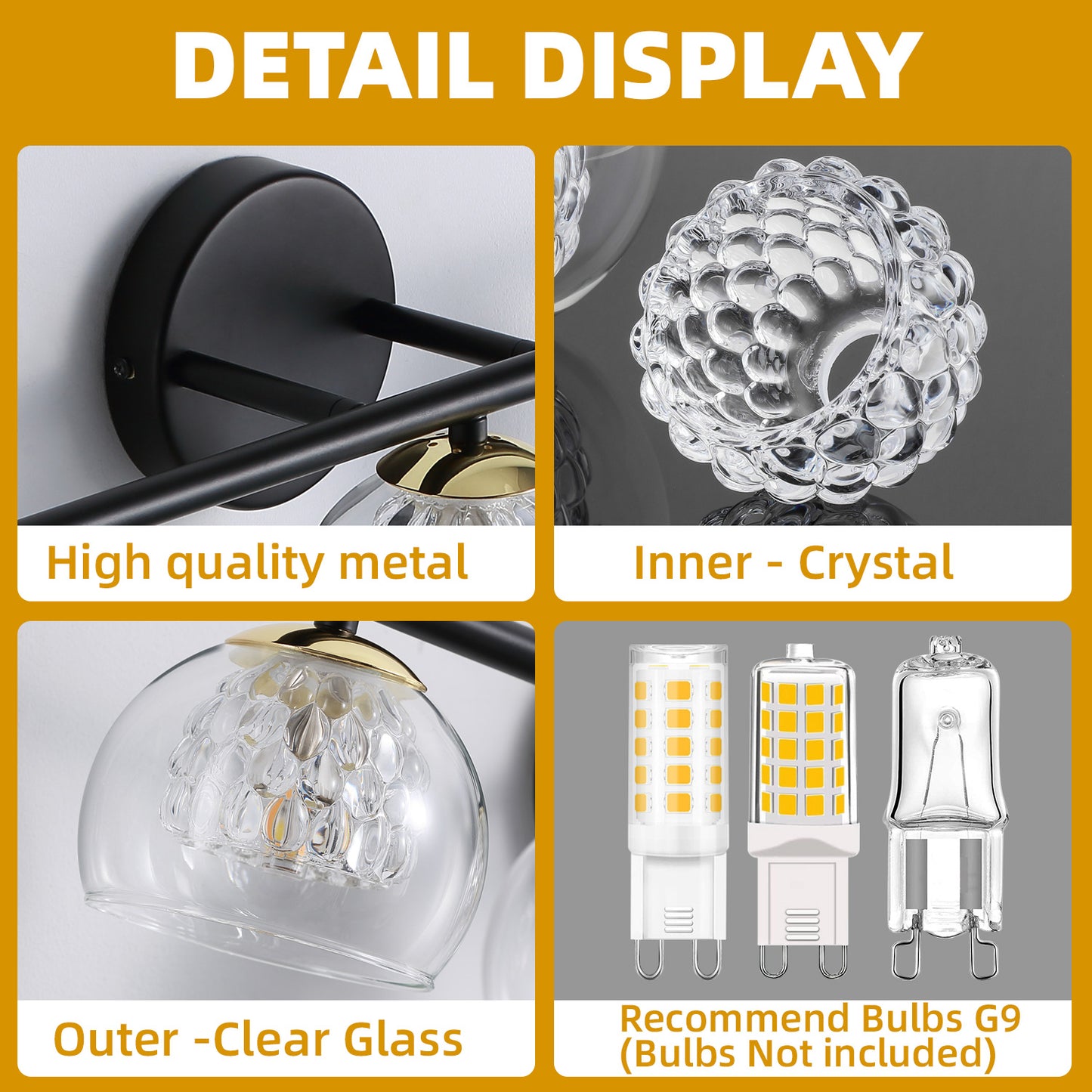 4-Light Black Crystal Vanity Light – Modern Bathroom Fixture with Inner Crystal Shade