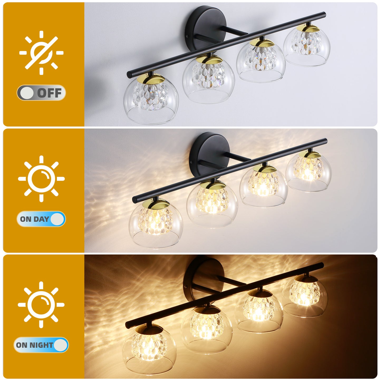 4-Light Black Crystal Vanity Light – Modern Bathroom Fixture with Inner Crystal Shade