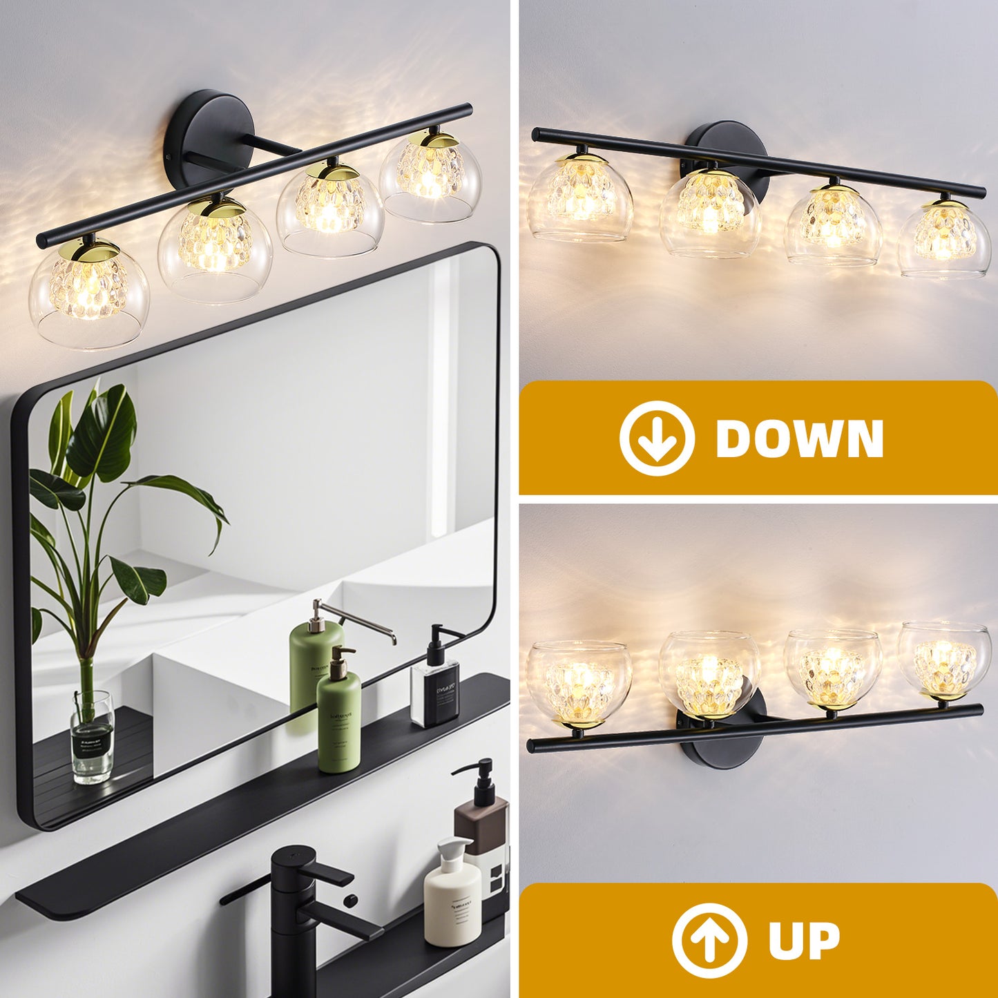 4-Light Black Crystal Vanity Light – Modern Bathroom Fixture with Inner Crystal Shade