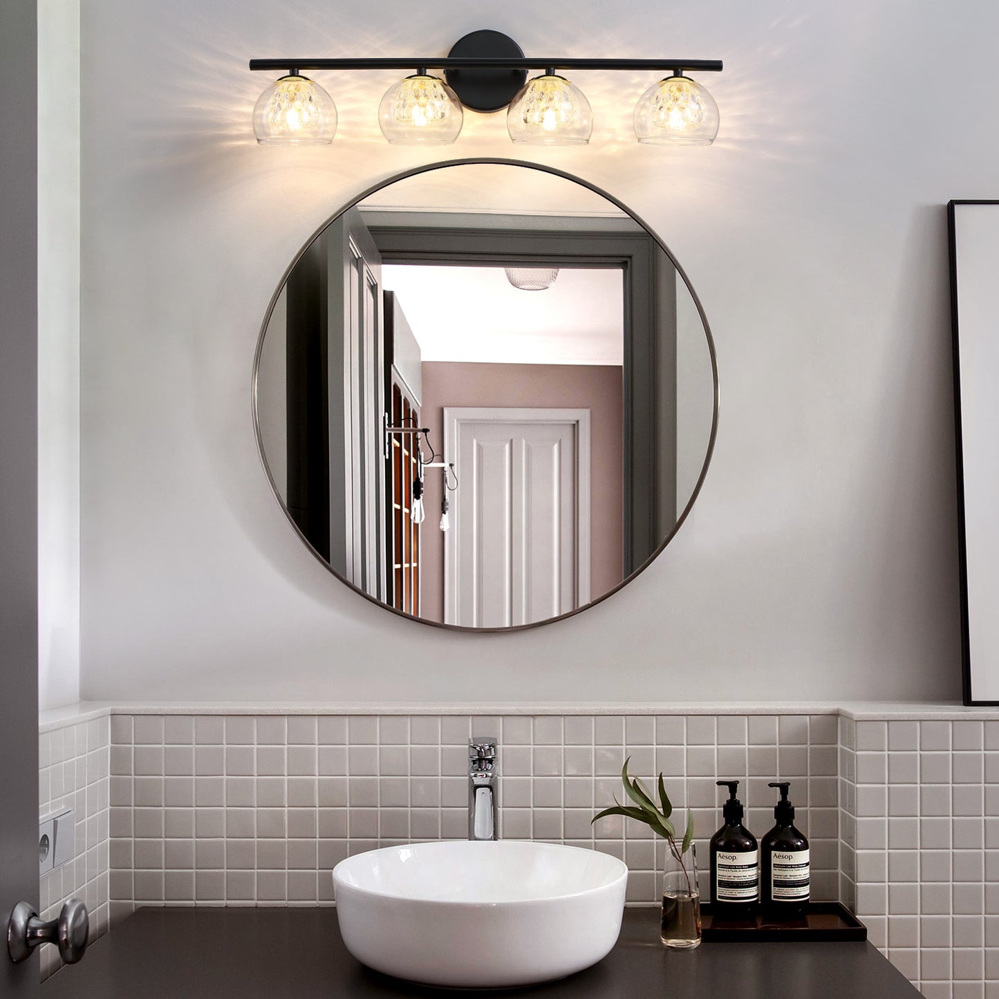 4-Light Black Crystal Vanity Light – Modern Bathroom Fixture with Inner Crystal Shade