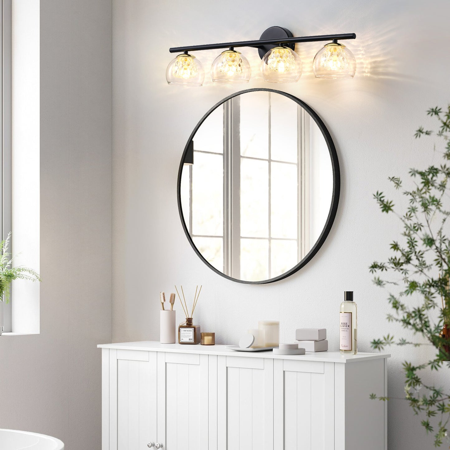 4-Light Black Crystal Vanity Light – Modern Bathroom Fixture with Inner Crystal Shade