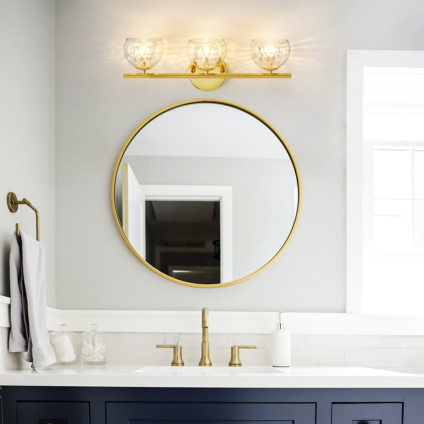 3-Light Gold Crystal Vanity Light – Modern Bathroom Fixture with Inner Crystal Shade