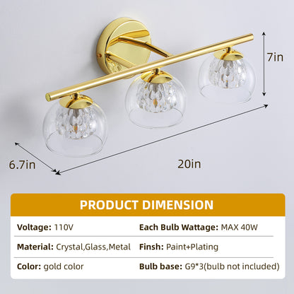 3-Light Gold Crystal Vanity Light – Modern Bathroom Fixture with Inner Crystal Shade