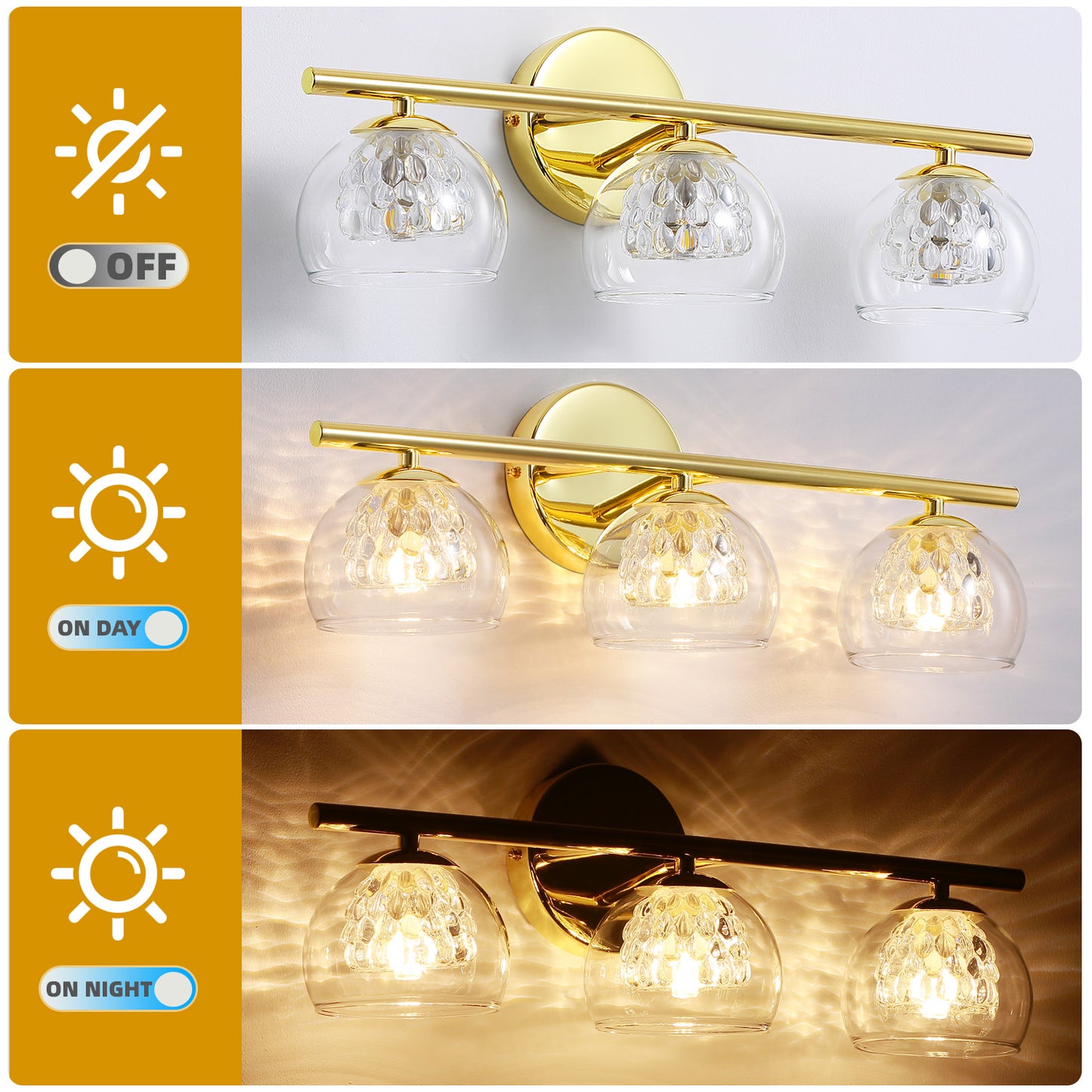 3-Light Gold Crystal Vanity Light – Modern Bathroom Fixture with Inner Crystal Shade