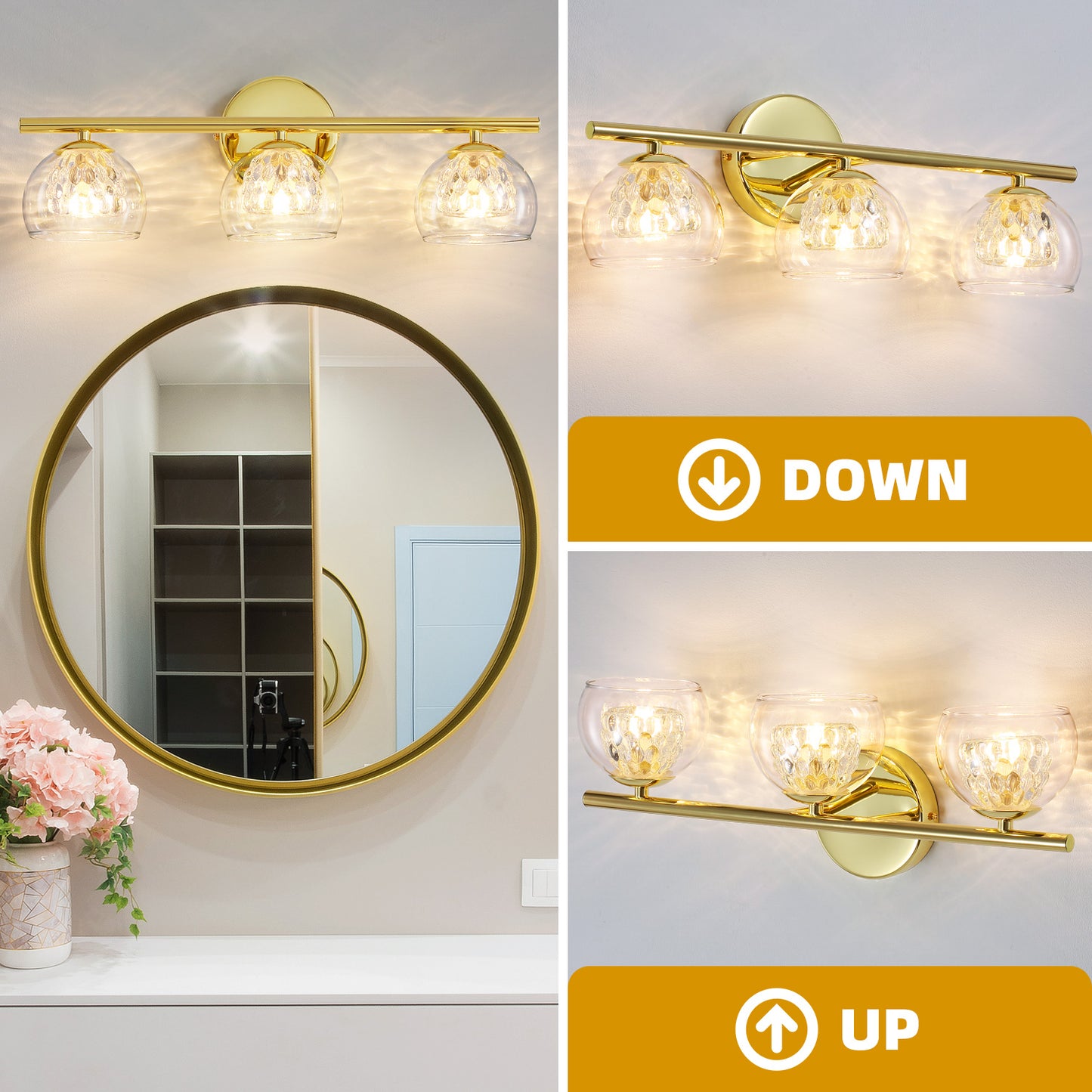 3-Light Gold Crystal Vanity Light – Modern Bathroom Fixture with Inner Crystal Shade