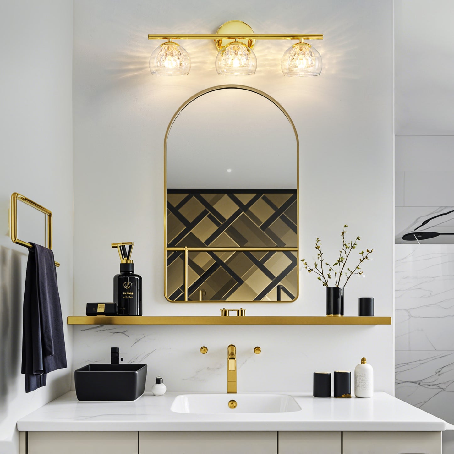 3-Light Gold Crystal Vanity Light – Modern Bathroom Fixture with Inner Crystal Shade