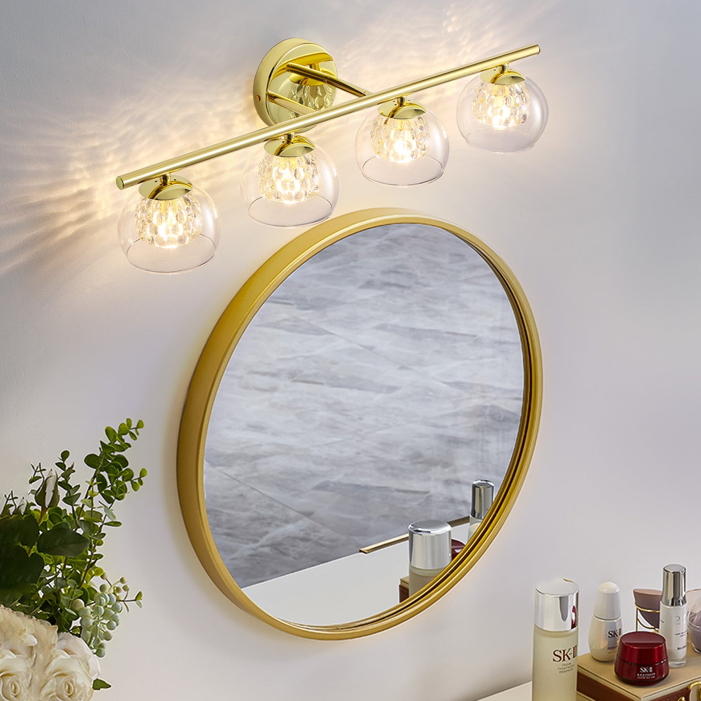 4-Light Gold Crystal Vanity Light – Modern Bathroom Fixture with Inner Crystal Shade