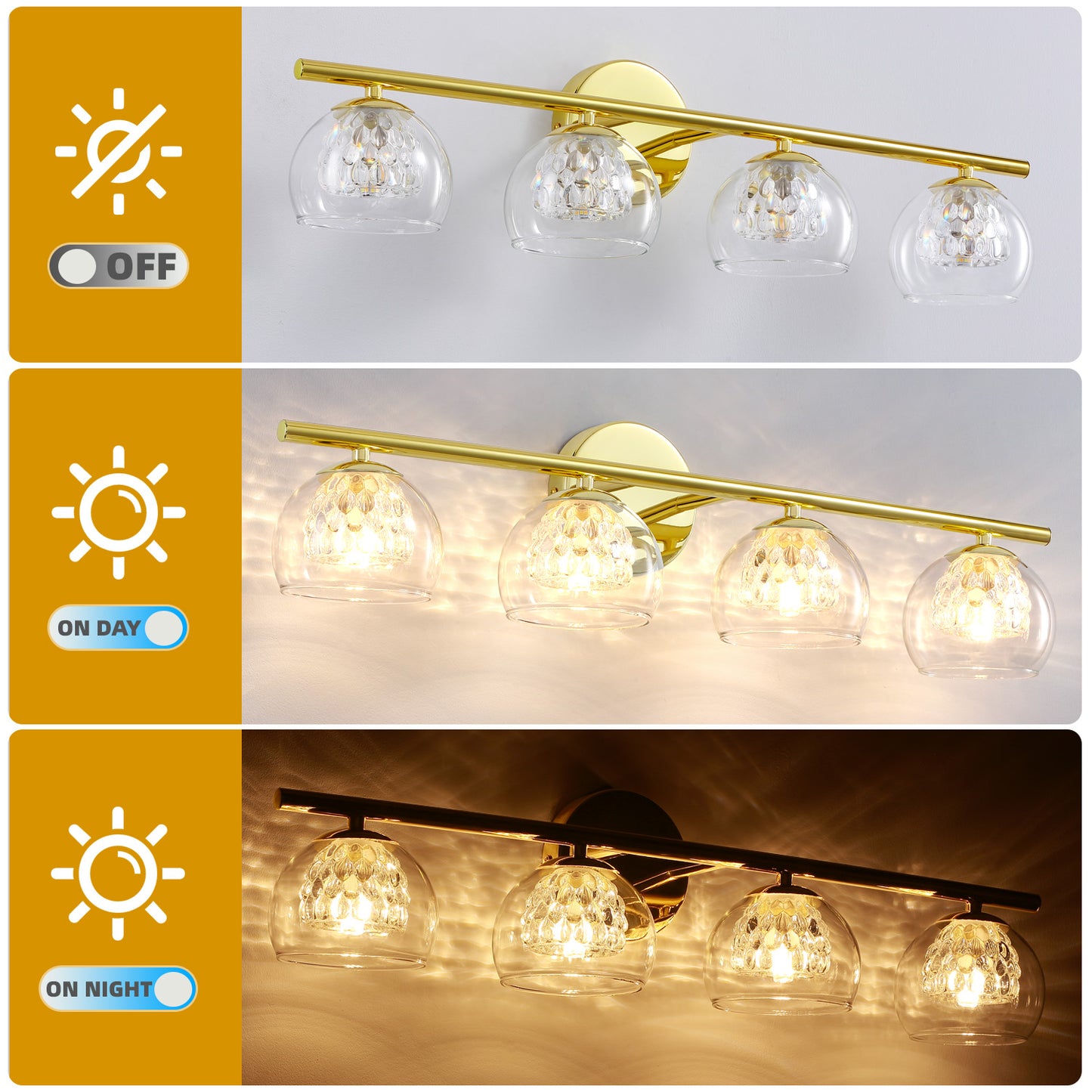 4-Light Gold Crystal Vanity Light – Modern Bathroom Fixture with Inner Crystal Shade