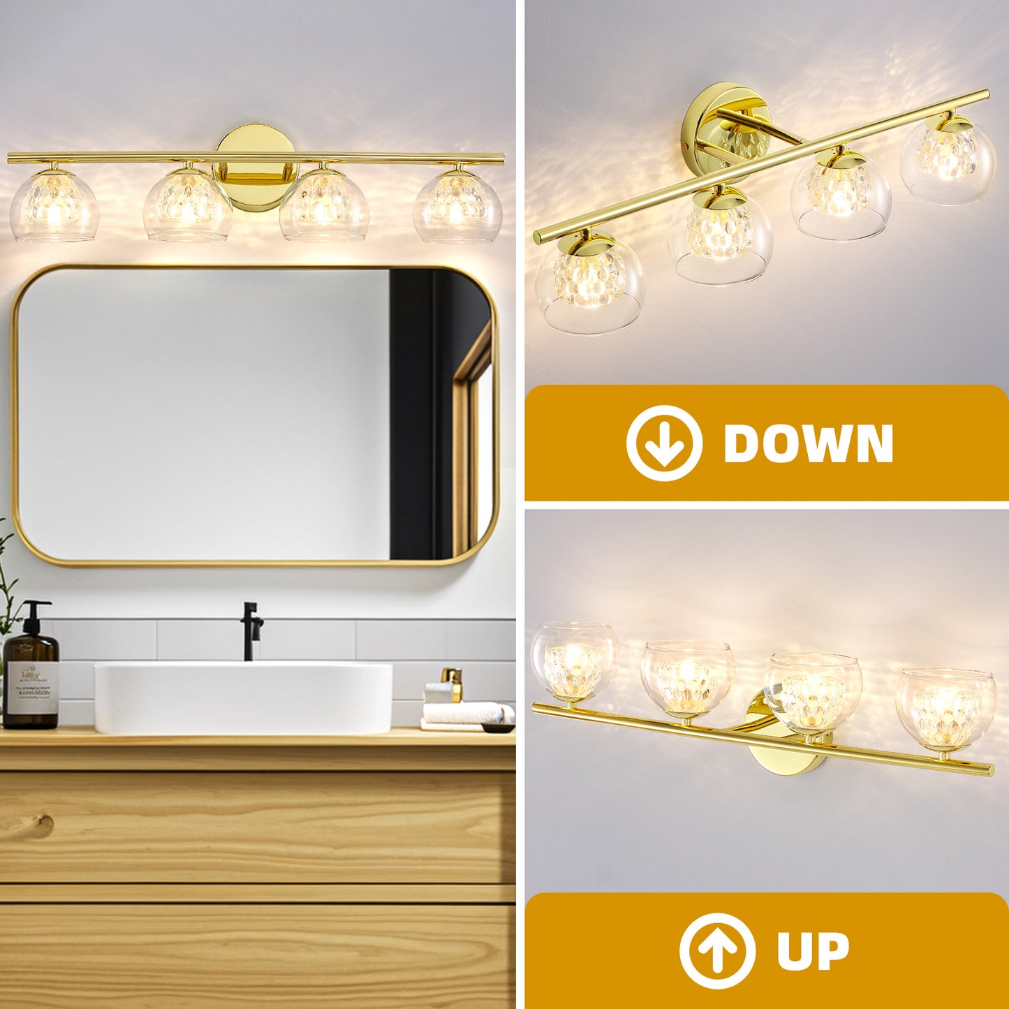 4-Light Gold Crystal Vanity Light – Modern Bathroom Fixture with Inner Crystal Shade