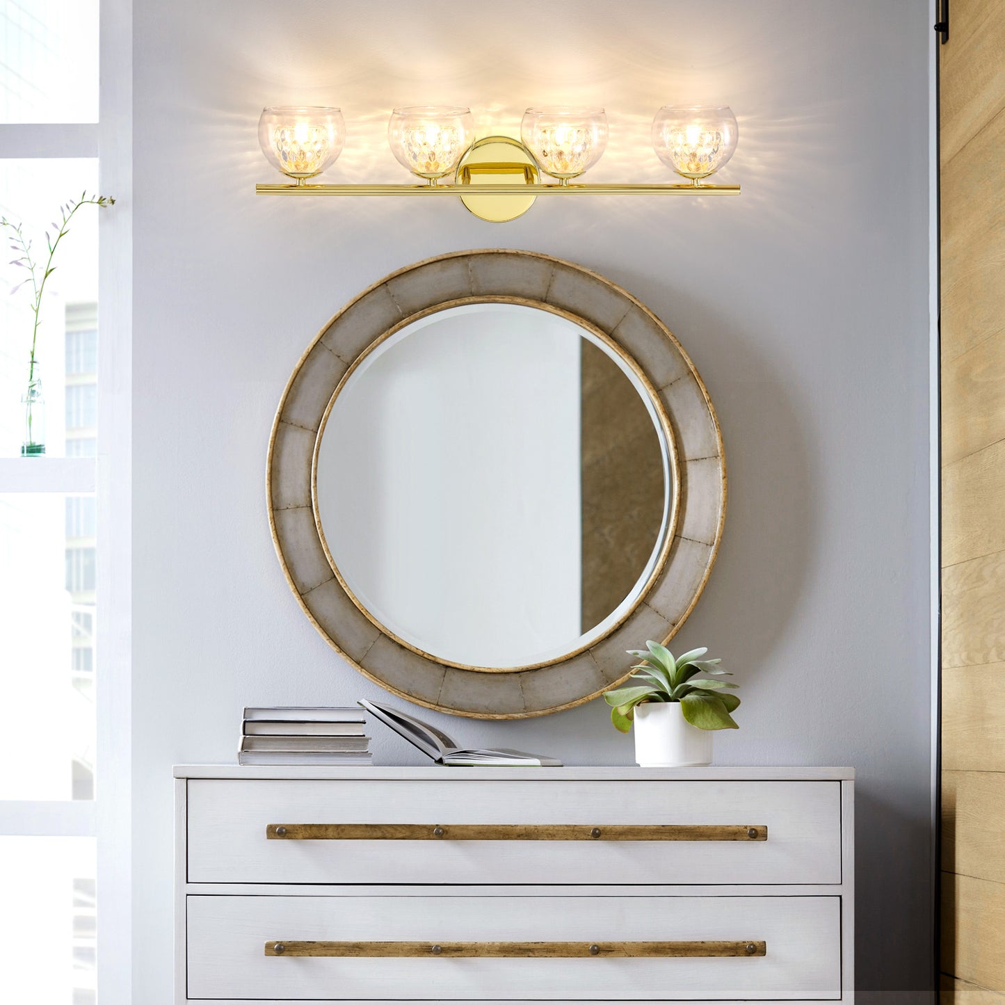 4-Light Gold Crystal Vanity Light – Modern Bathroom Fixture with Inner Crystal Shade
