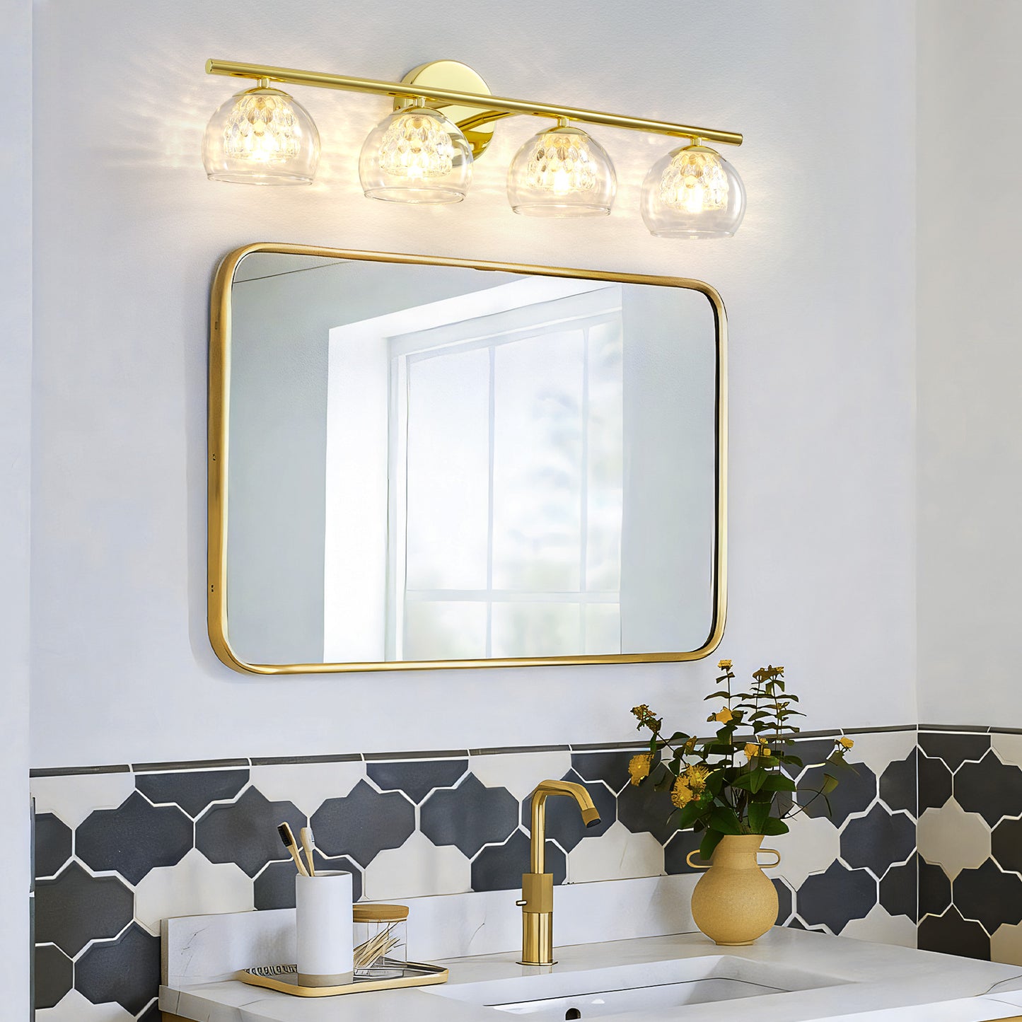 4-Light Gold Crystal Vanity Light – Modern Bathroom Fixture with Inner Crystal Shade