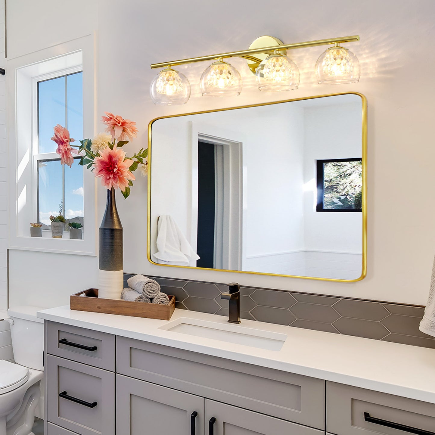 4-Light Gold Crystal Vanity Light – Modern Bathroom Fixture with Inner Crystal Shade
