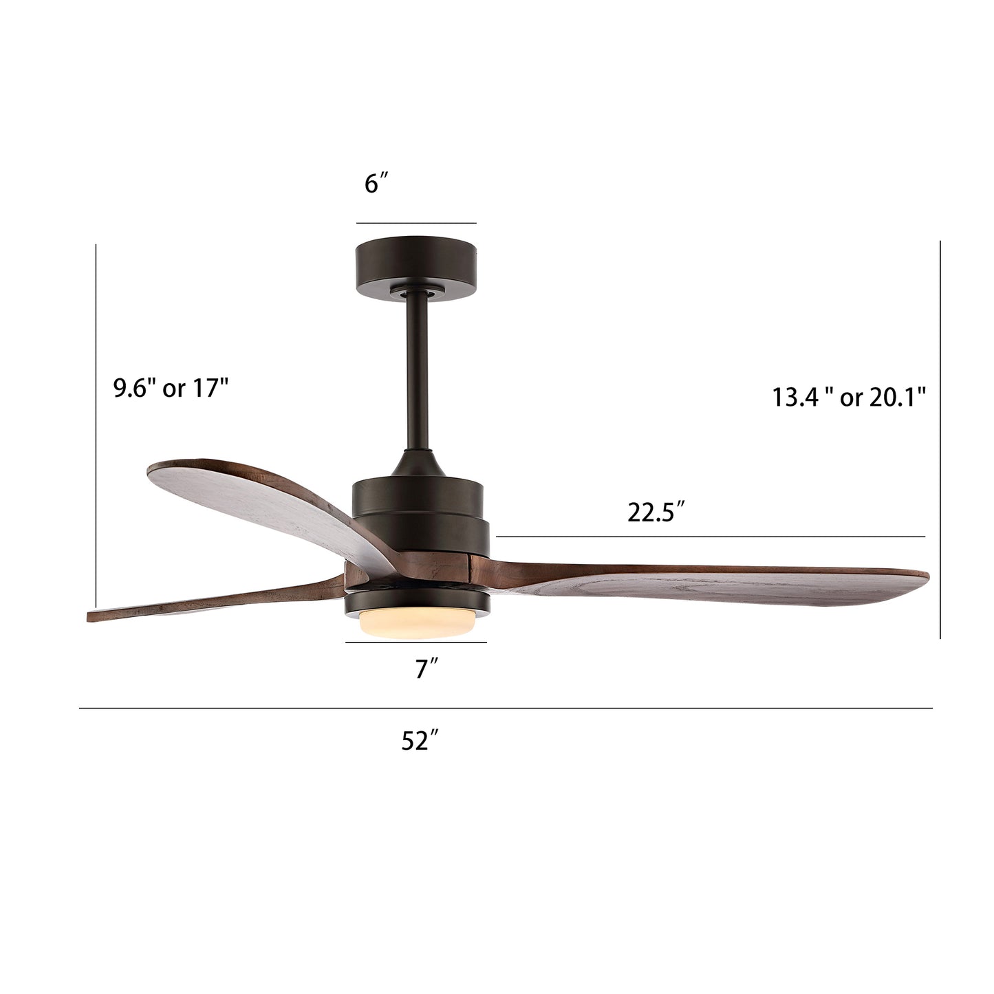 52" Matte Black Ceiling Fan with Walnut Wood Blades and LED Light – Modern 6-Speed Remote Fan