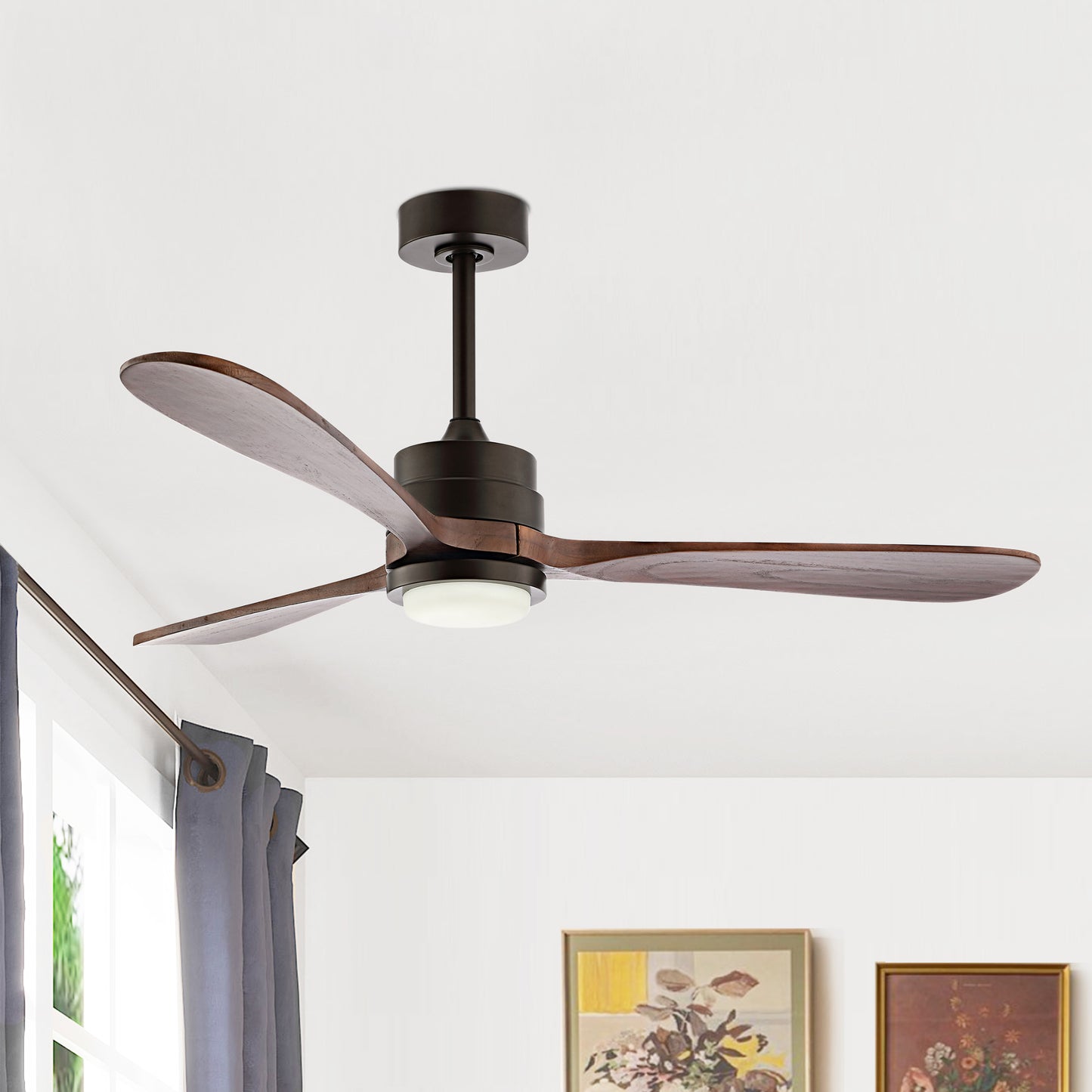 52" Matte Black Ceiling Fan with Walnut Wood Blades and LED Light – Modern 6-Speed Remote Fan