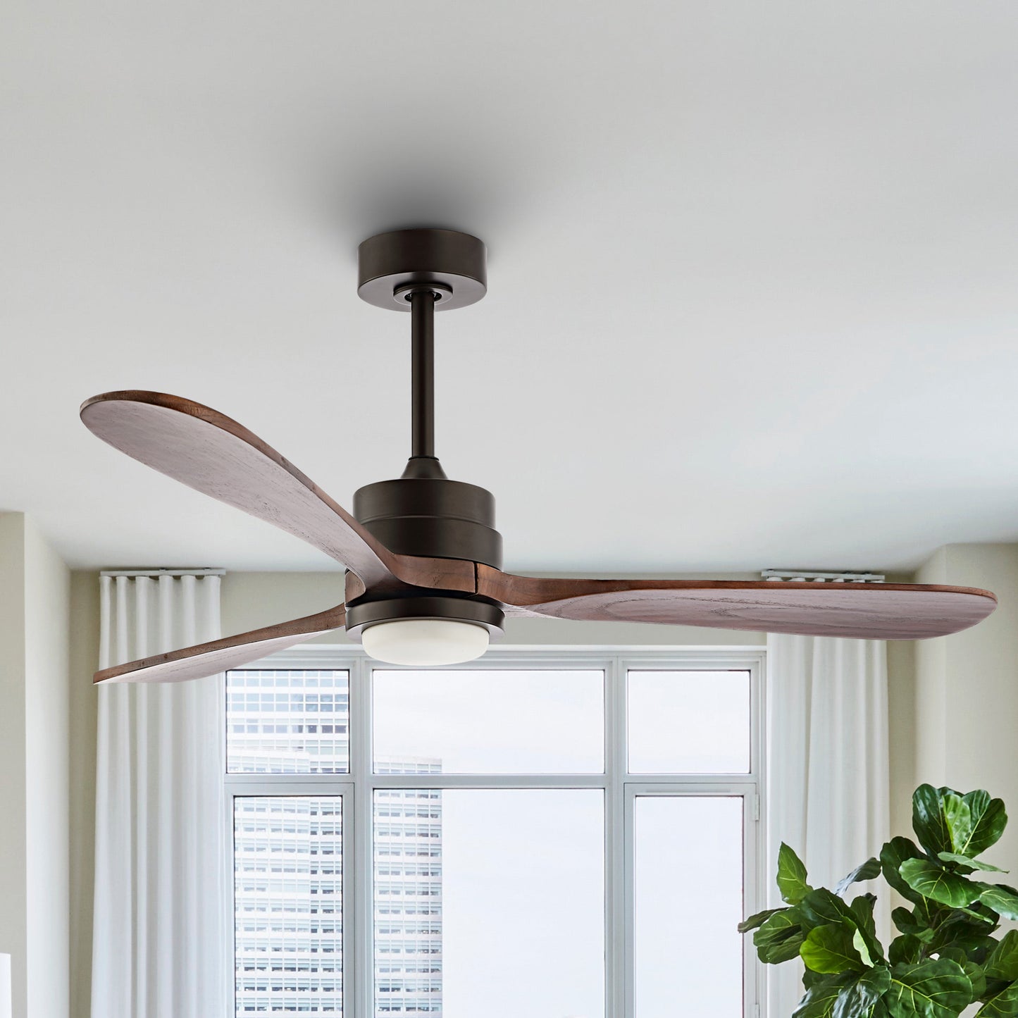 52" Matte Black Ceiling Fan with Walnut Wood Blades and LED Light – Modern 6-Speed Remote Fan