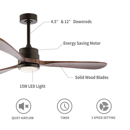 52" Matte Black Ceiling Fan with Walnut Wood Blades and LED Light – Modern 6-Speed Remote Fan