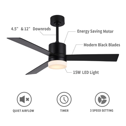 52" Matte Black Ceiling Fan with Solid Wood Blades and LED Light – 6-Speed Remote Fan