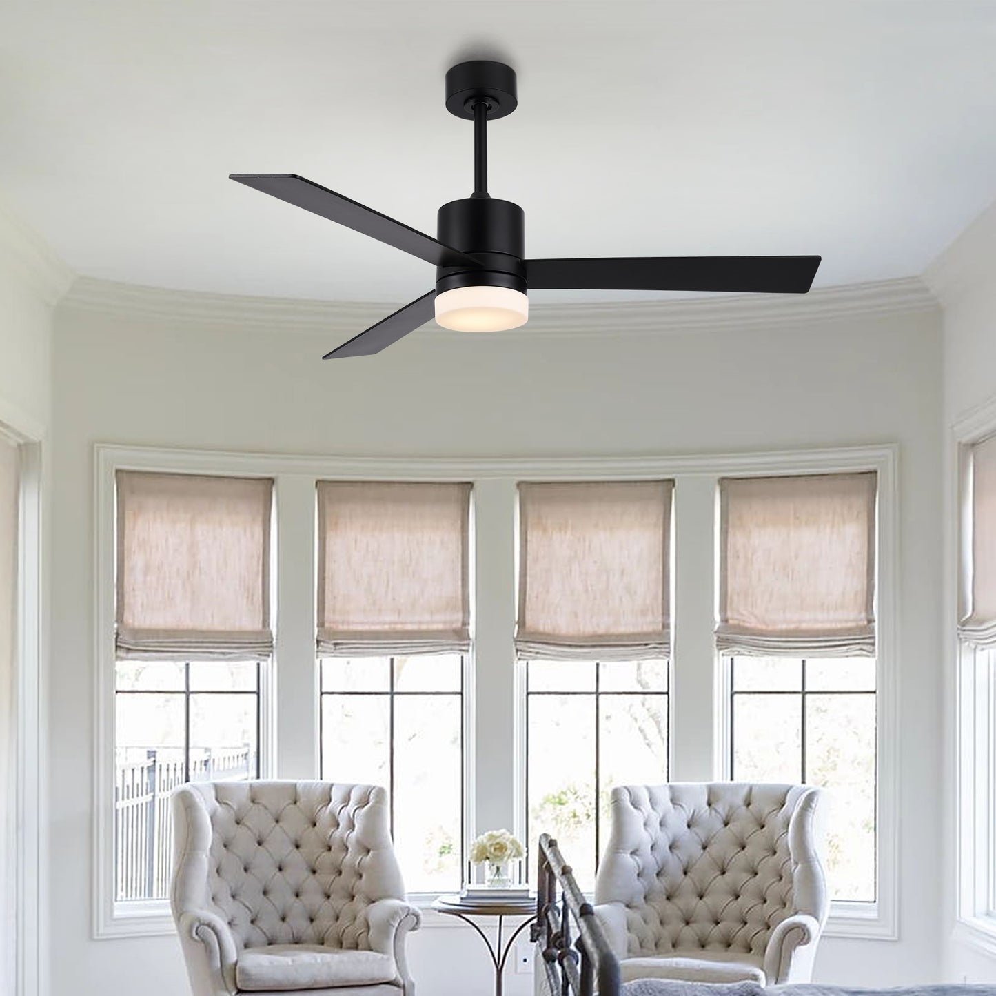 52" Matte Black Ceiling Fan with Solid Wood Blades and LED Light – 6-Speed Remote Fan