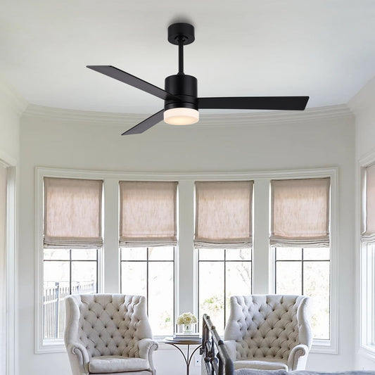 52" Matte Black Ceiling Fan with Solid Wood Blades and LED Light – 6-Speed Remote Fan