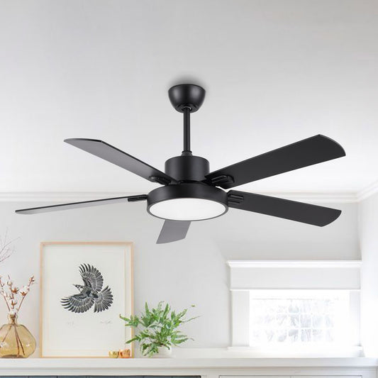 52" Matte Black Ceiling Fan with LED Light and Remote – Solid Wood Blades