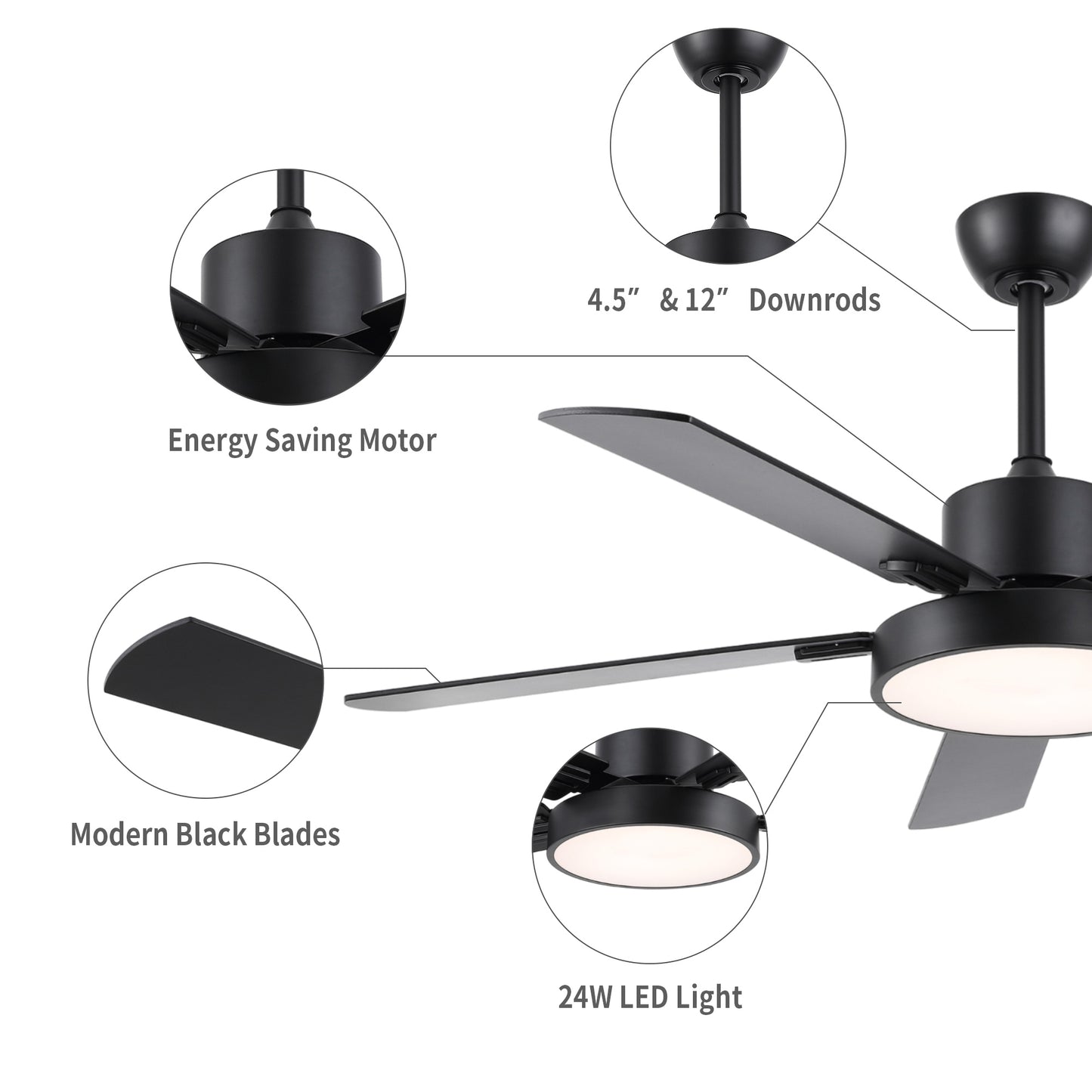 52" Matte Black Ceiling Fan with LED Light and Remote – Solid Wood Blades