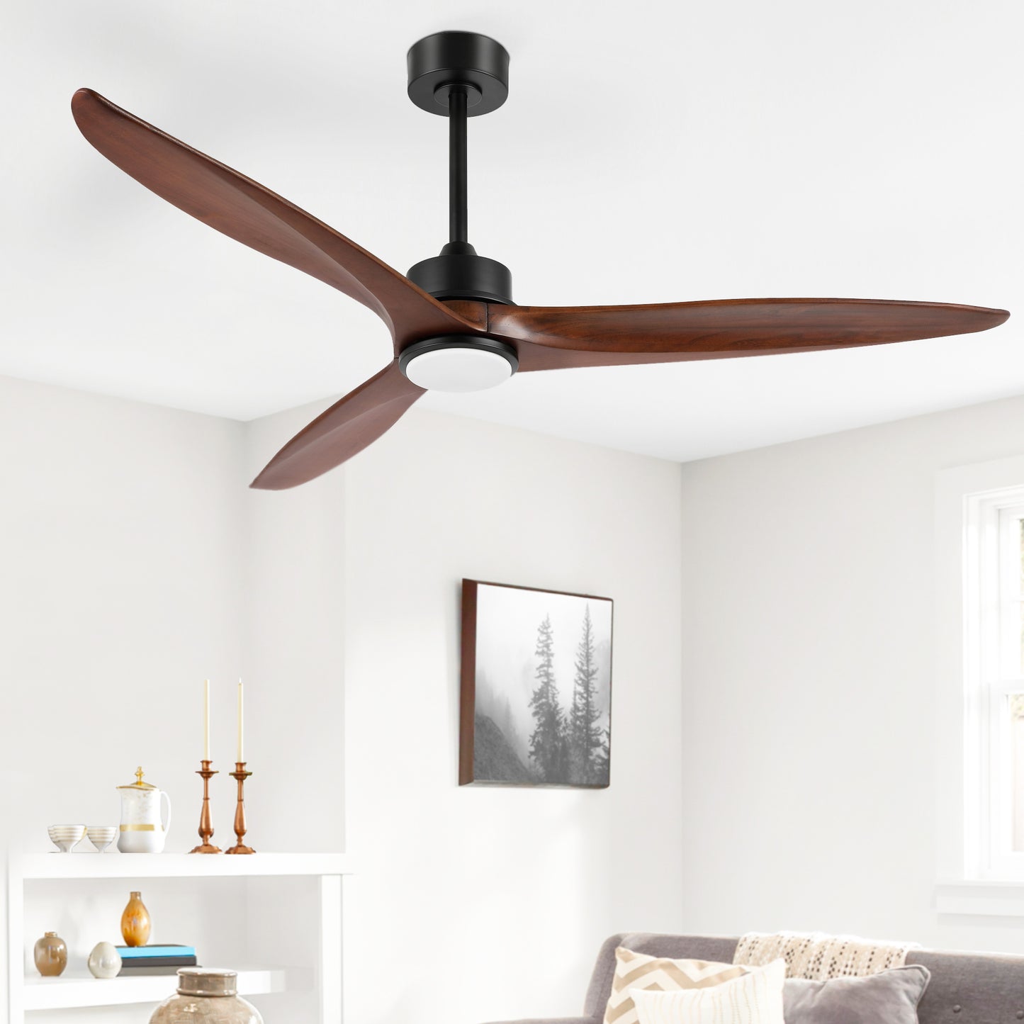 60" Black Ceiling Fan with Walnut Wood Blades and LED Light – Modern Remote Fan