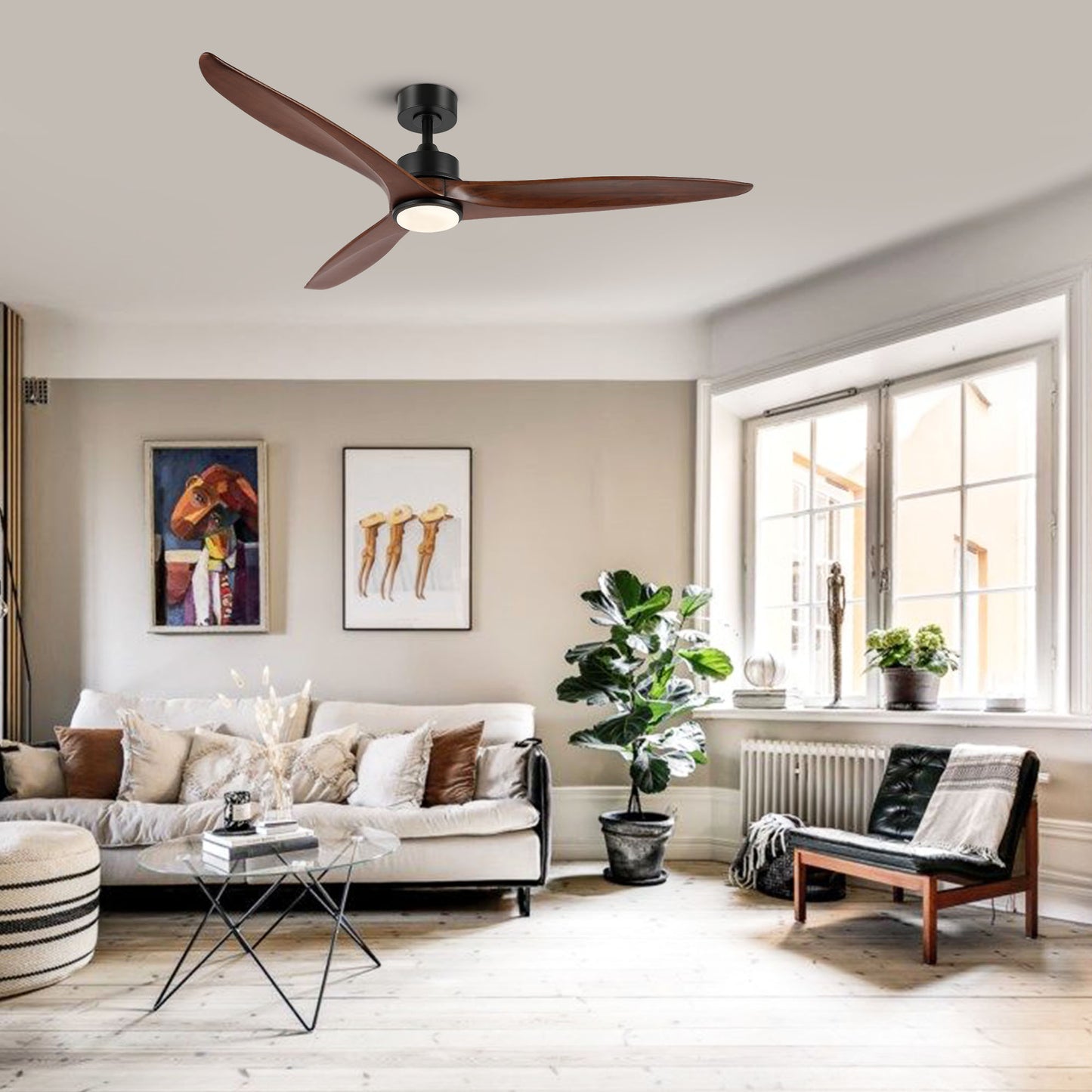 60" Black Ceiling Fan with Walnut Wood Blades and LED Light – Modern Remote Fan
