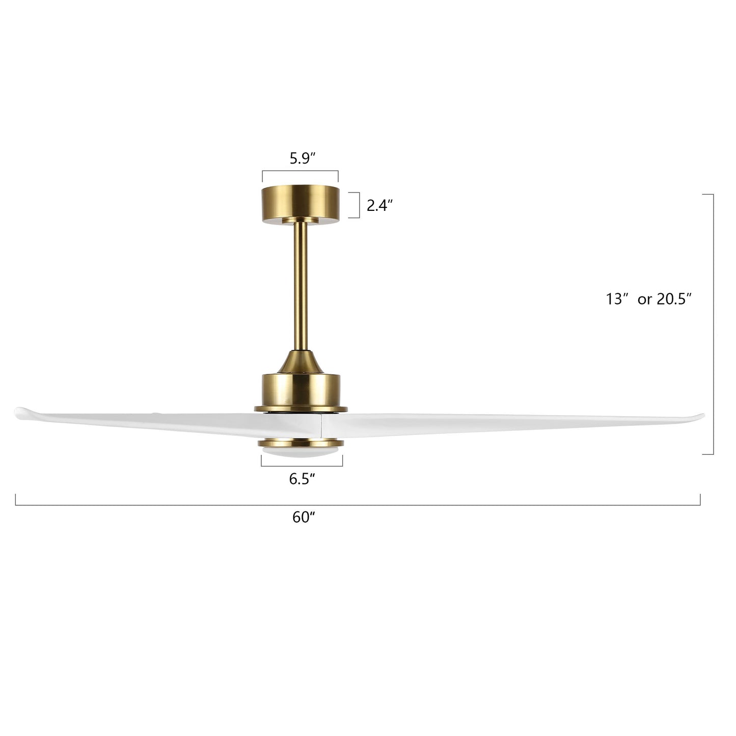 60" Gold and White Ceiling Fan with LED Light and Remote – Modern Wood Blade Fan