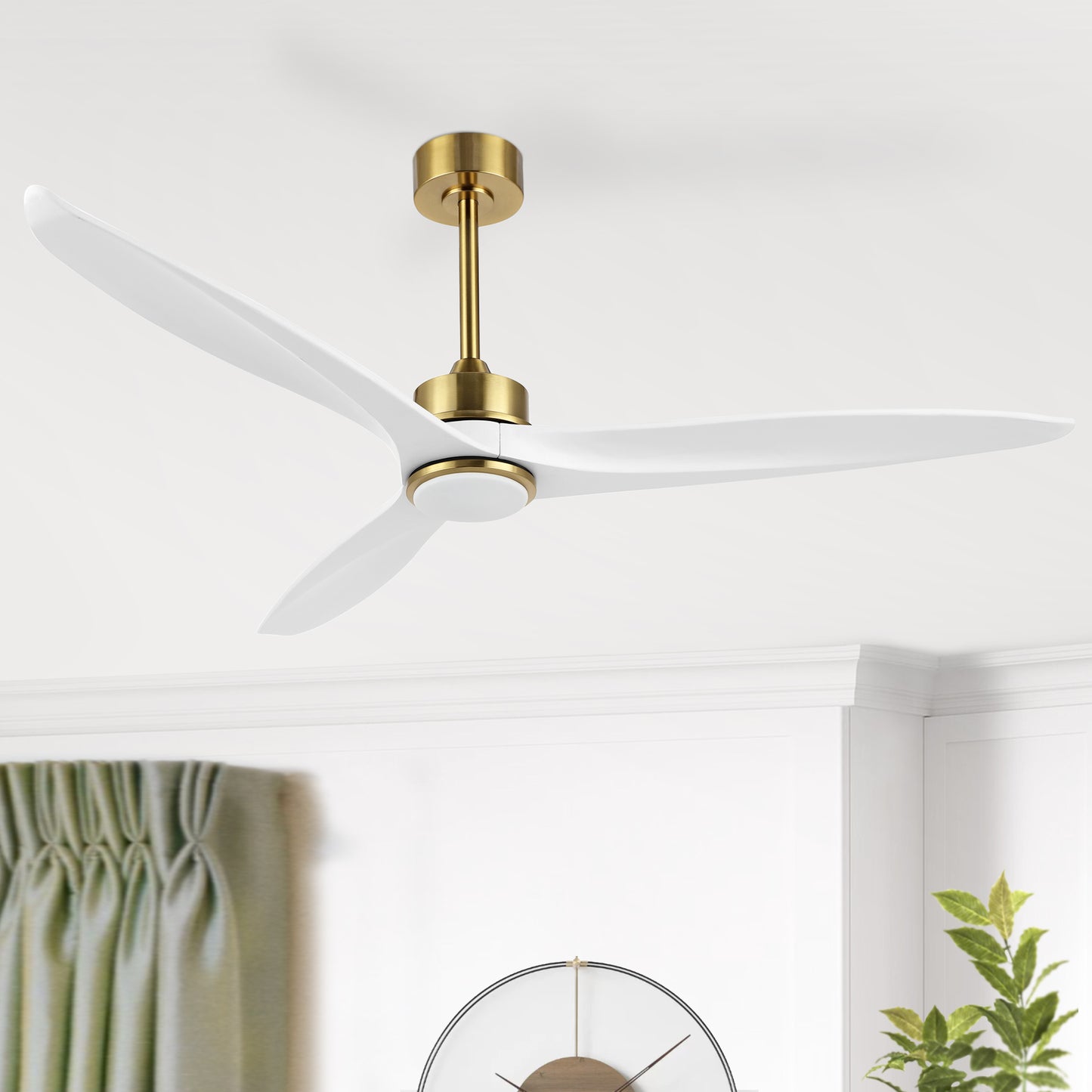60" Gold and White Ceiling Fan with LED Light and Remote – Modern Wood Blade Fan