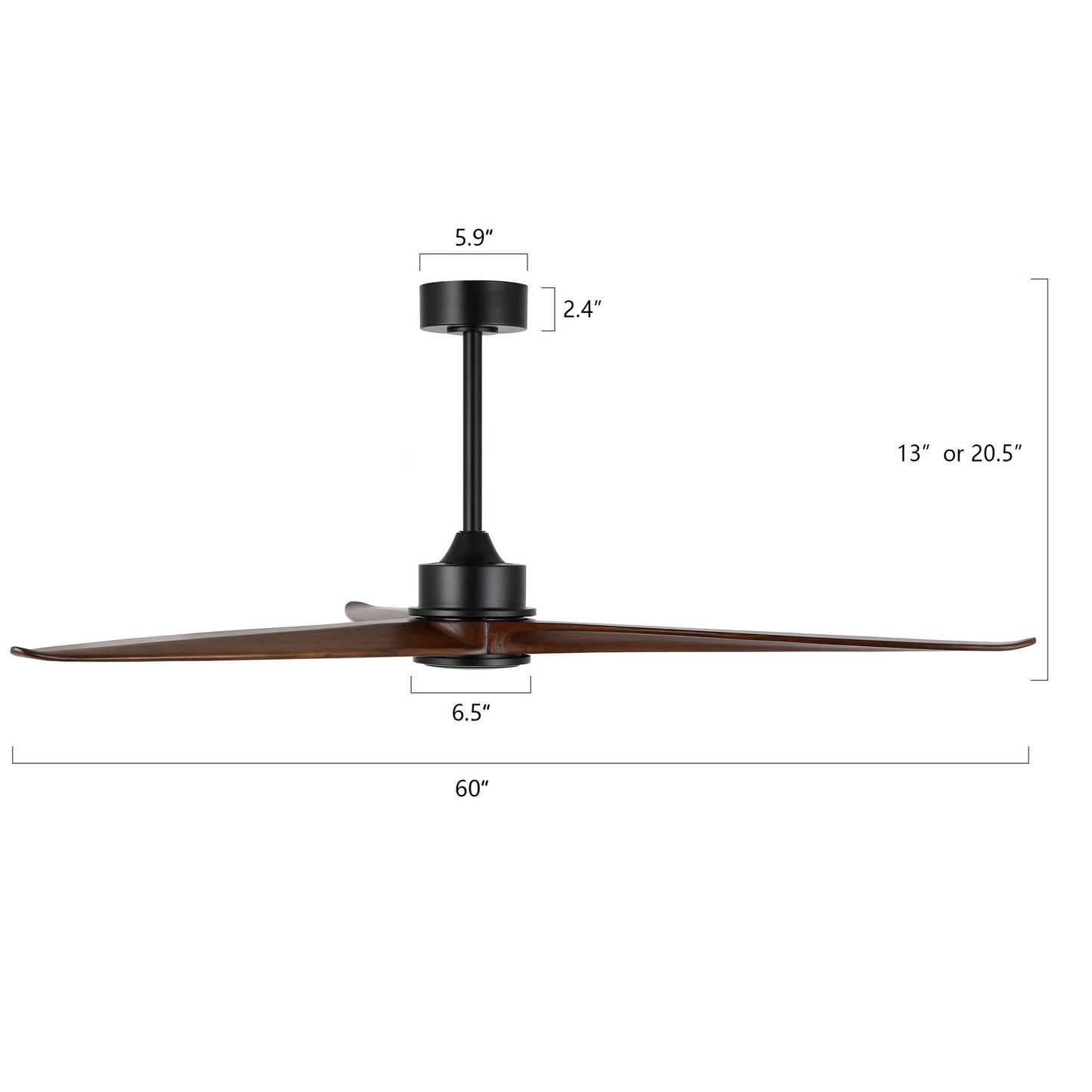 60" Black Ceiling Fan with Walnut Wood Blades – Modern 3-Blade Fan with Remote