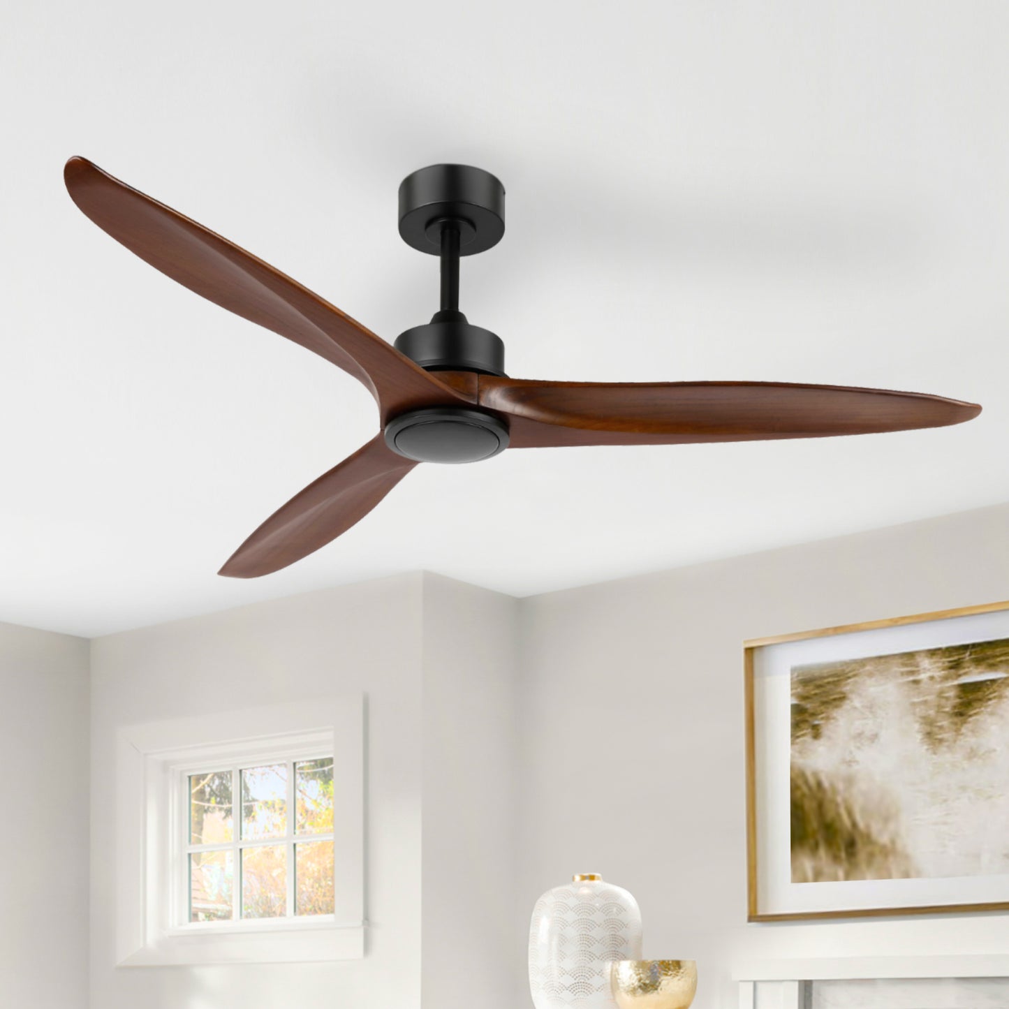 60" Black Ceiling Fan with Walnut Wood Blades – Modern 3-Blade Fan with Remote