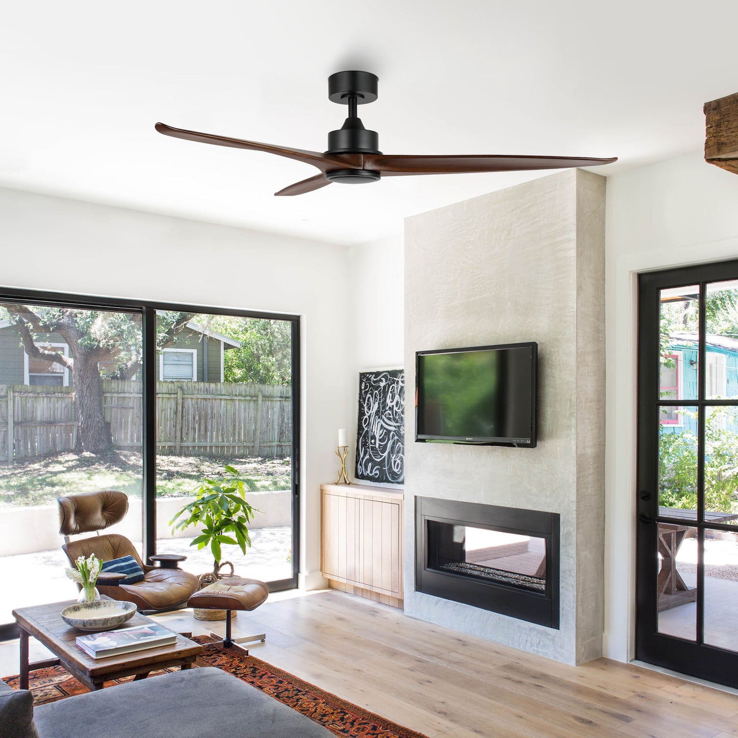 60" Black Ceiling Fan with Walnut Wood Blades – Modern 3-Blade Fan with Remote