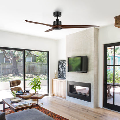 60" Black Ceiling Fan with Walnut Wood Blades – Modern 3-Blade Fan with Remote