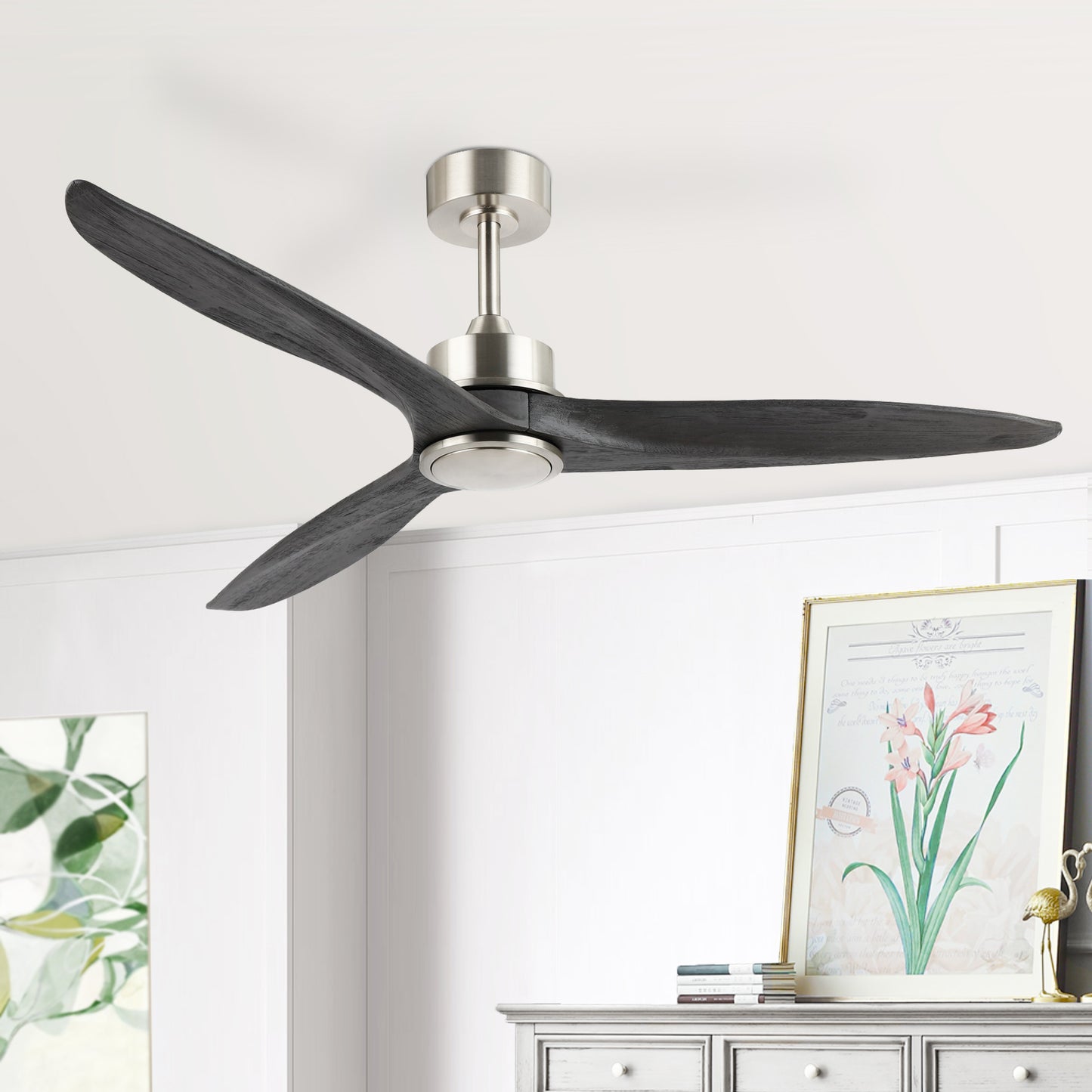 60" Silver Ceiling Fan with Gray Wood Blades – Modern 3-Blade Fan with Remote
